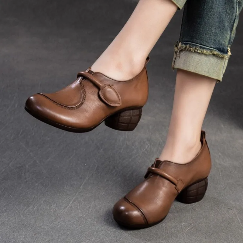 Johnature 2024 Jar/leto Nové originálne kožené čerpadlá Retro všestranné okrúhle špičky Soft Sole Dámske topánky s vysokým podpätkom