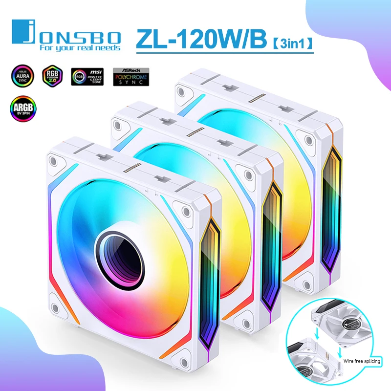JONSBO ZL-120W Ventilátor prípadu ARGB 120 mm CPU chladiaci ventilátor 4pin PWM Ovládanie teploty ZL-120BR dopredu/spätný počítač ventilátor