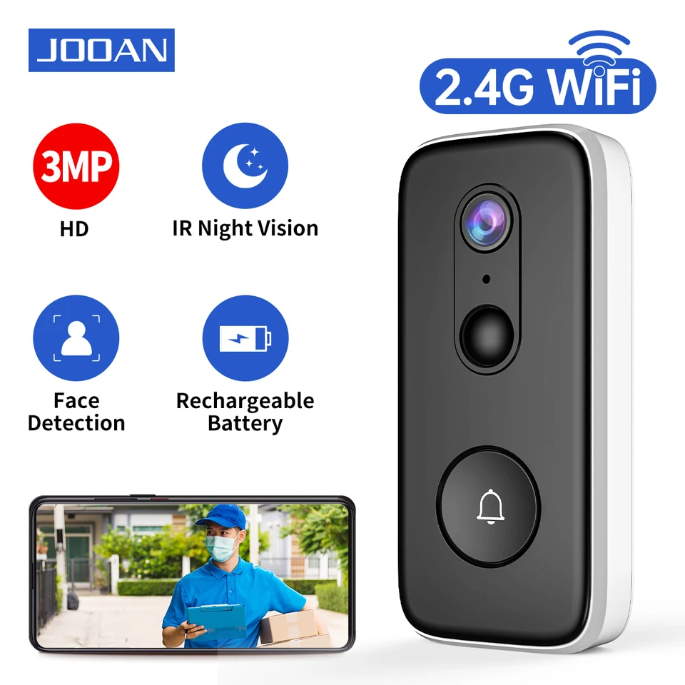 Jooan Worter Bell s fotoaparátom 3MP 2,4G WiFi Video Dverne Bell Outdoor Phone Automatické snímanie batérie Detektor PIR Motion