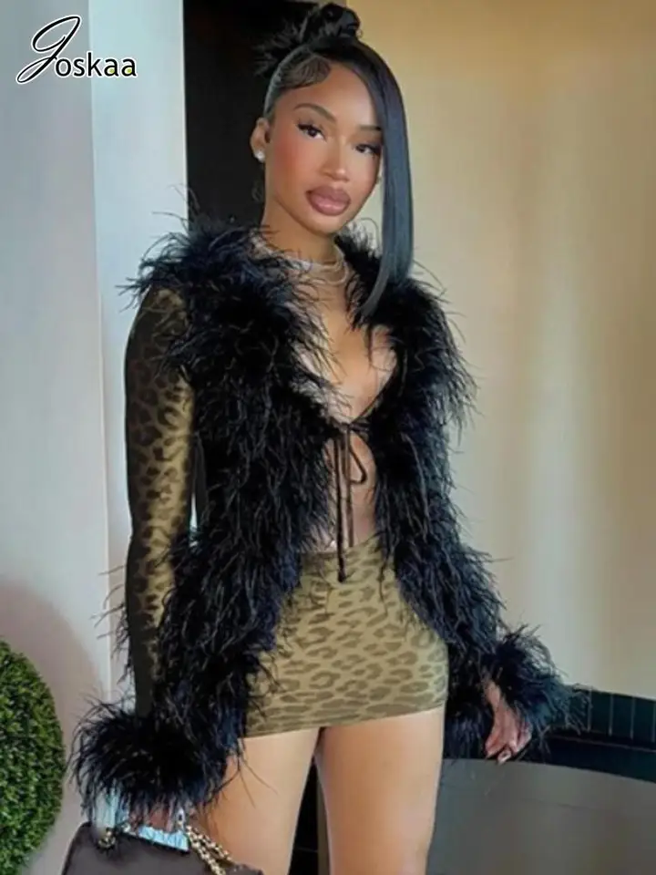 Joskaa Leopard Tlač Furry Collar Mini šaty Ženy Sexy hlboký V-krk Lace-up s plným rukávom v tvare tela Vestidos Midnight Clubwear