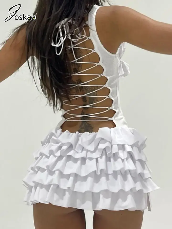 Joskaa Sexy Ruffles odstupňované mini šaty Ženy halter backless bandáge štíhle dovolenkové šaty 2024 letná narodeninová oslava klubové oblečenie