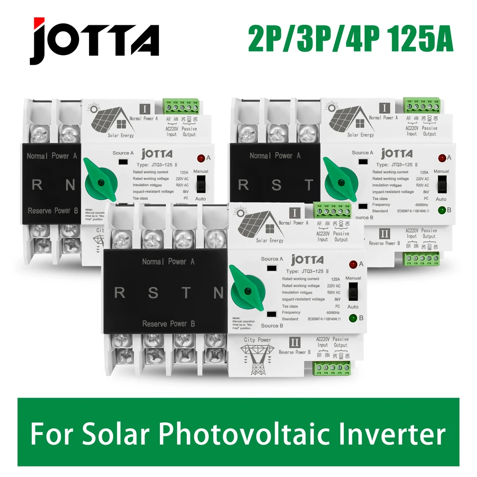 Jotta PC Typ ATS Automatický prenosový spínač PV pre solárny fotovoltaický menič 2p 3p 4p 100a 220V Din Rail Montáž
