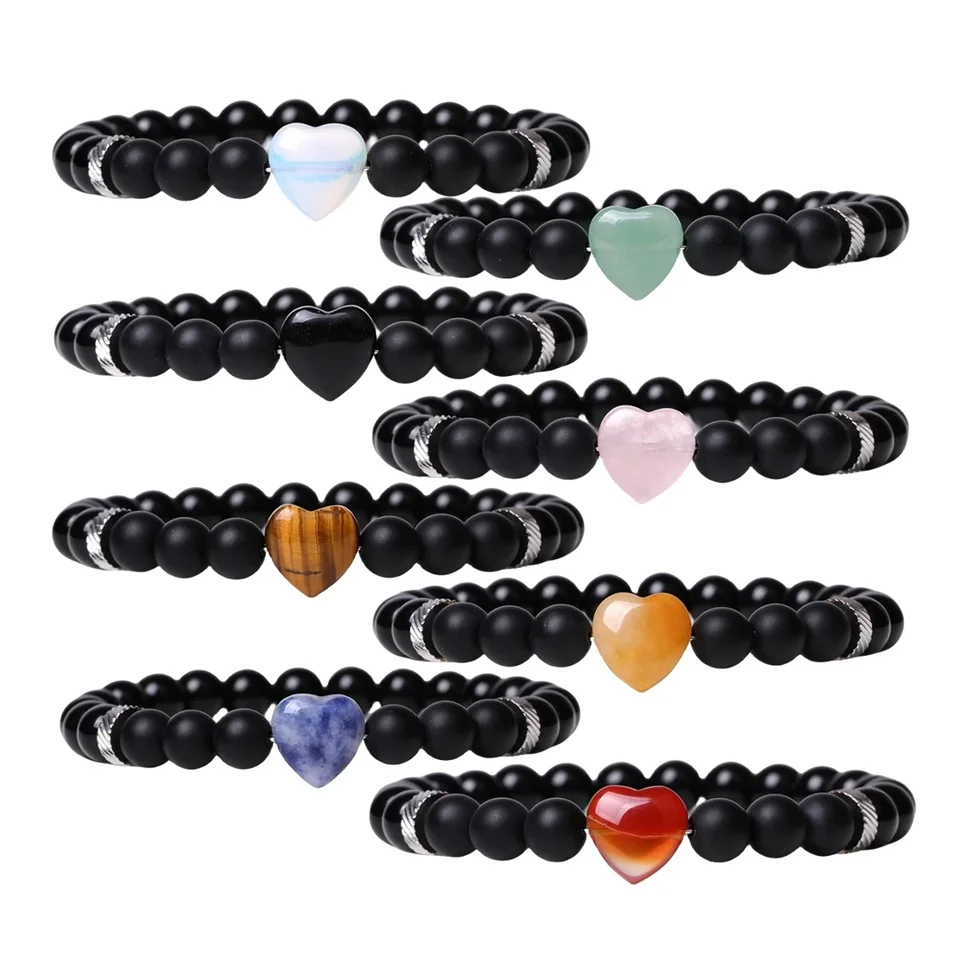 Joya Gift Natural Gemstone Healing Srdce náramky pre ženy 8 mm mužov čierny Onyx ochrana Anixiety Anixiety Prineste Lucky Love