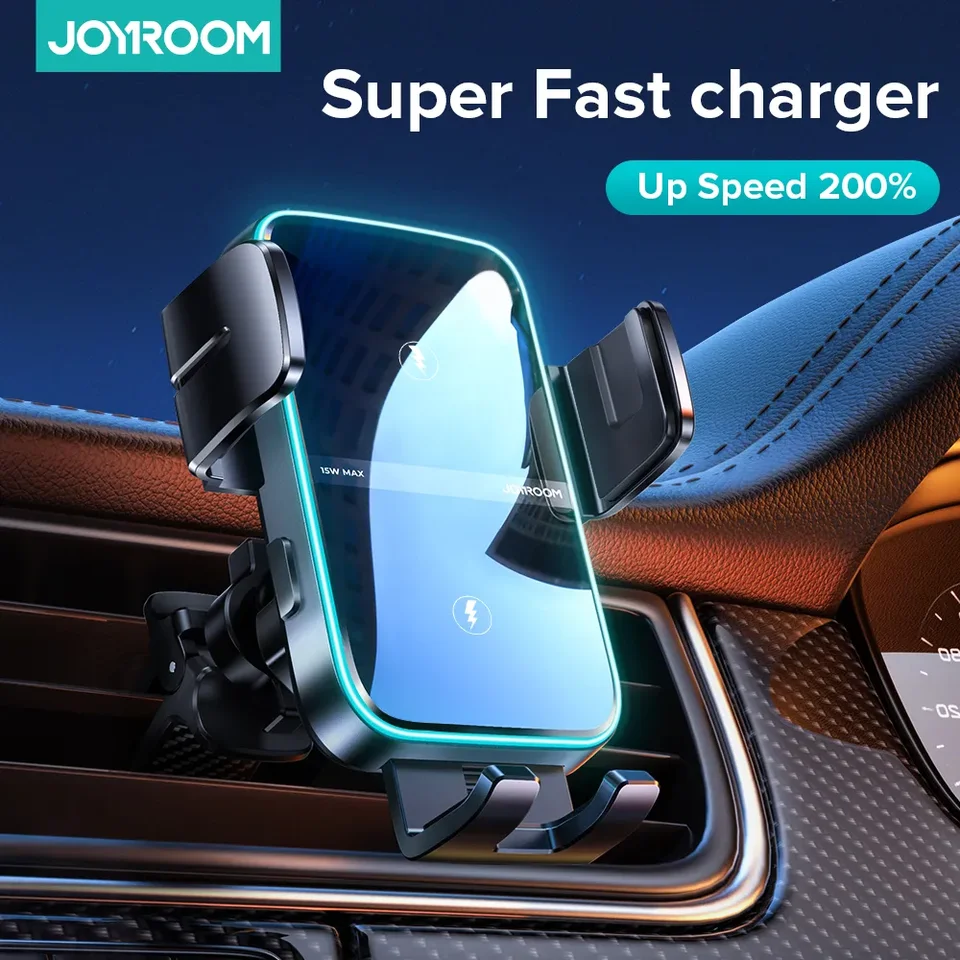 Joyroom 15 W bezdrôtové nabíjanie vozidla Držiteľ automobilu Dual Coil Nabíjanie automobil Automatický držiak na automatické výstupy automobilu pre iPhone 4.7-6.8