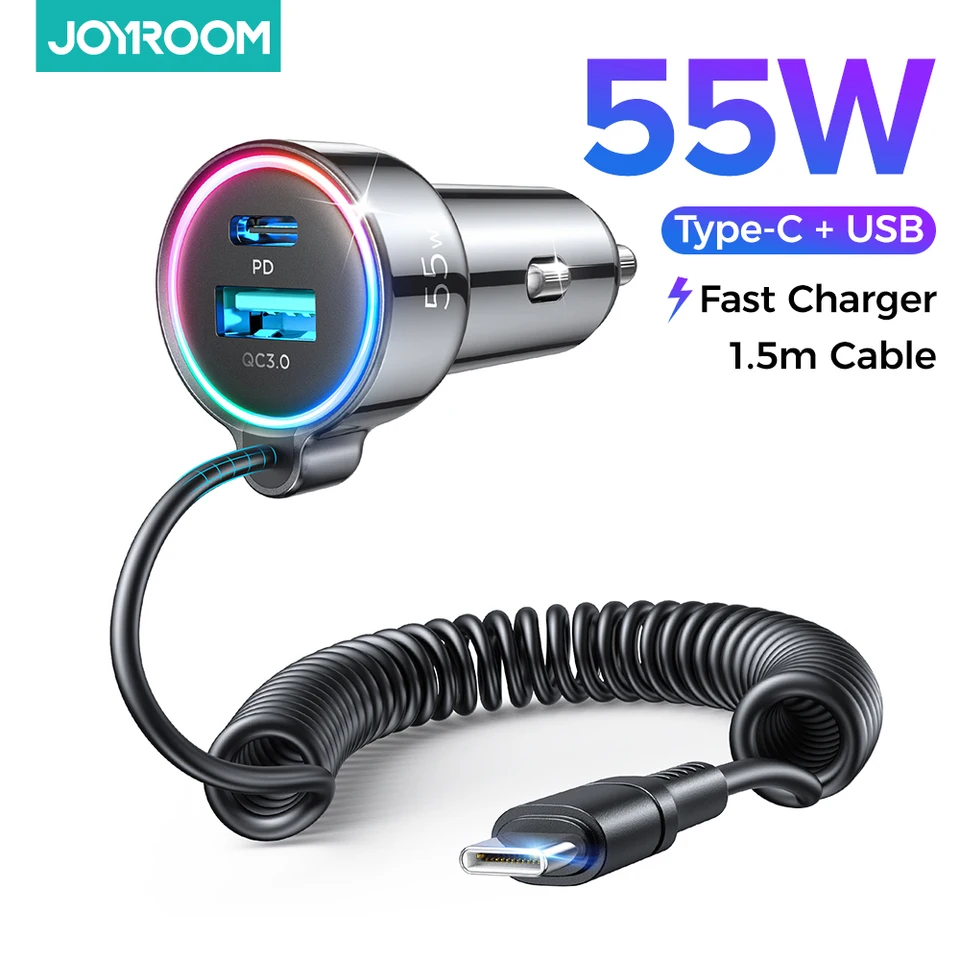 Joyroom Fast USB C nabíjačka automobilu, 55 W 3-FAST Port Super Quic Car Charger PD & QC3.0 s 1,5 m 30 W Super Fast Type C Coiled Cable
