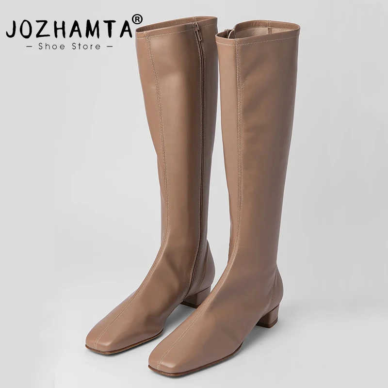 Jozhamta Veľkosť 33-41 Ženy Knee High Boots Originálne kožené robustné päty topánky Žena zima 2023 luxusná značka zips dlhé topánky