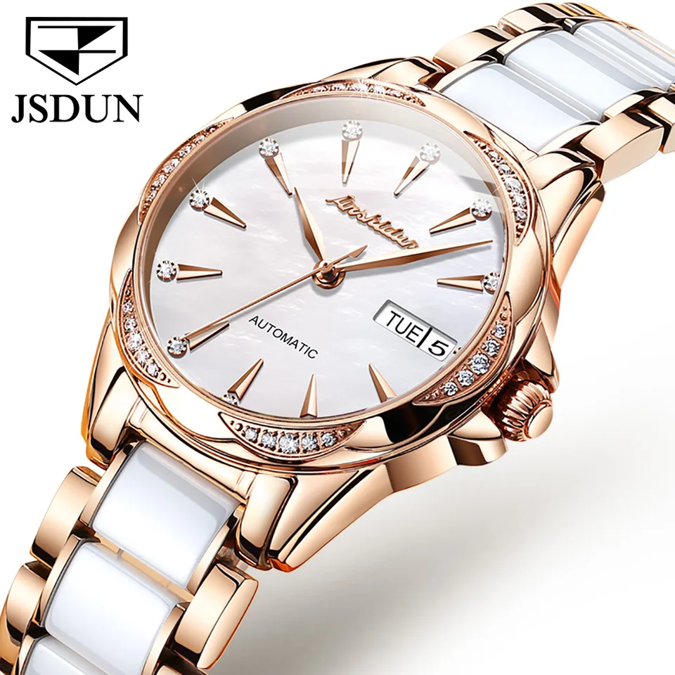 JSDUN Automatické mechanické hodinky pre ženy luxusné diamantové perlové škrupiny Elegantné ružové zlato keramické remienok Dámske náramky