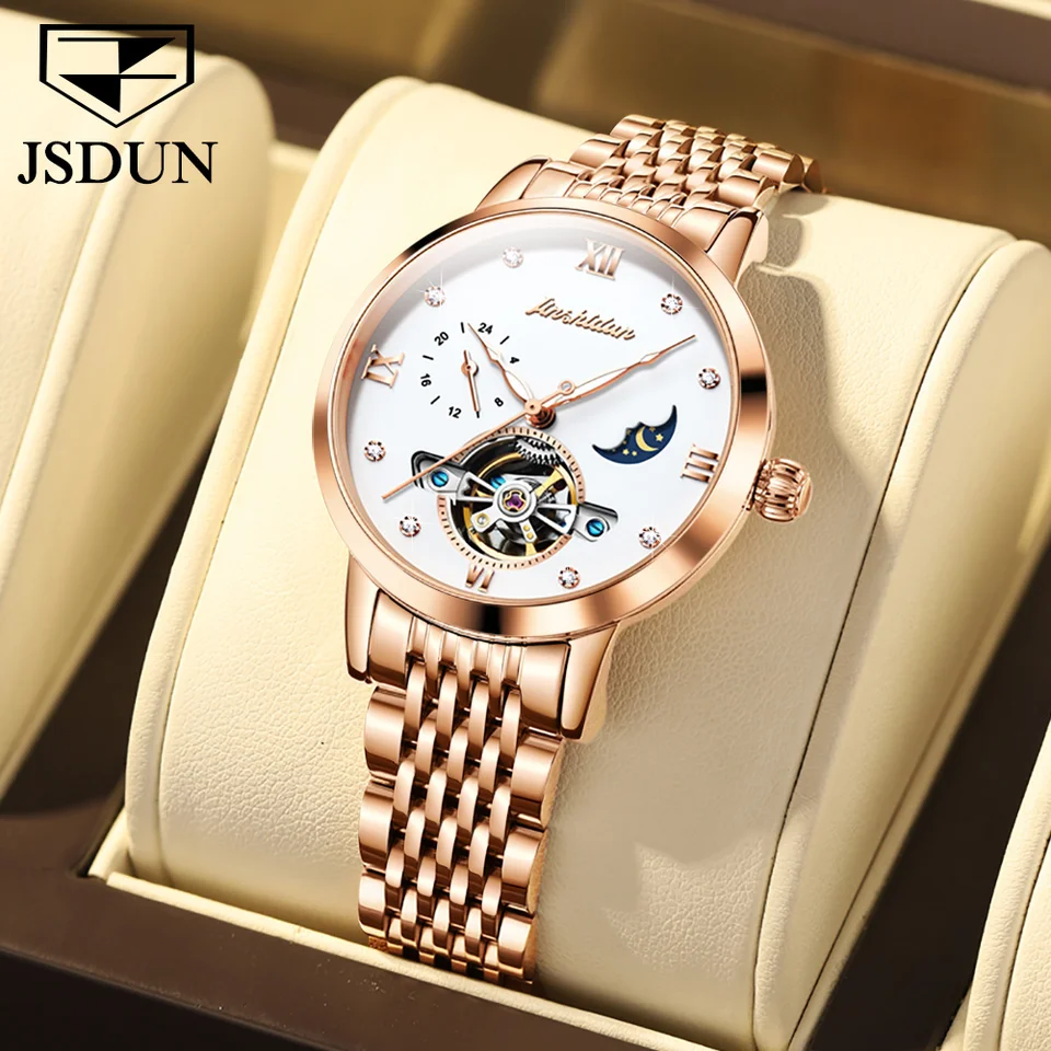 JSDUN Vysoko kvalitné elegantné automatické mechanické ženy sledujú originálne vodotesné dámske náramkové hodinky módne luxusné dámy hodinky