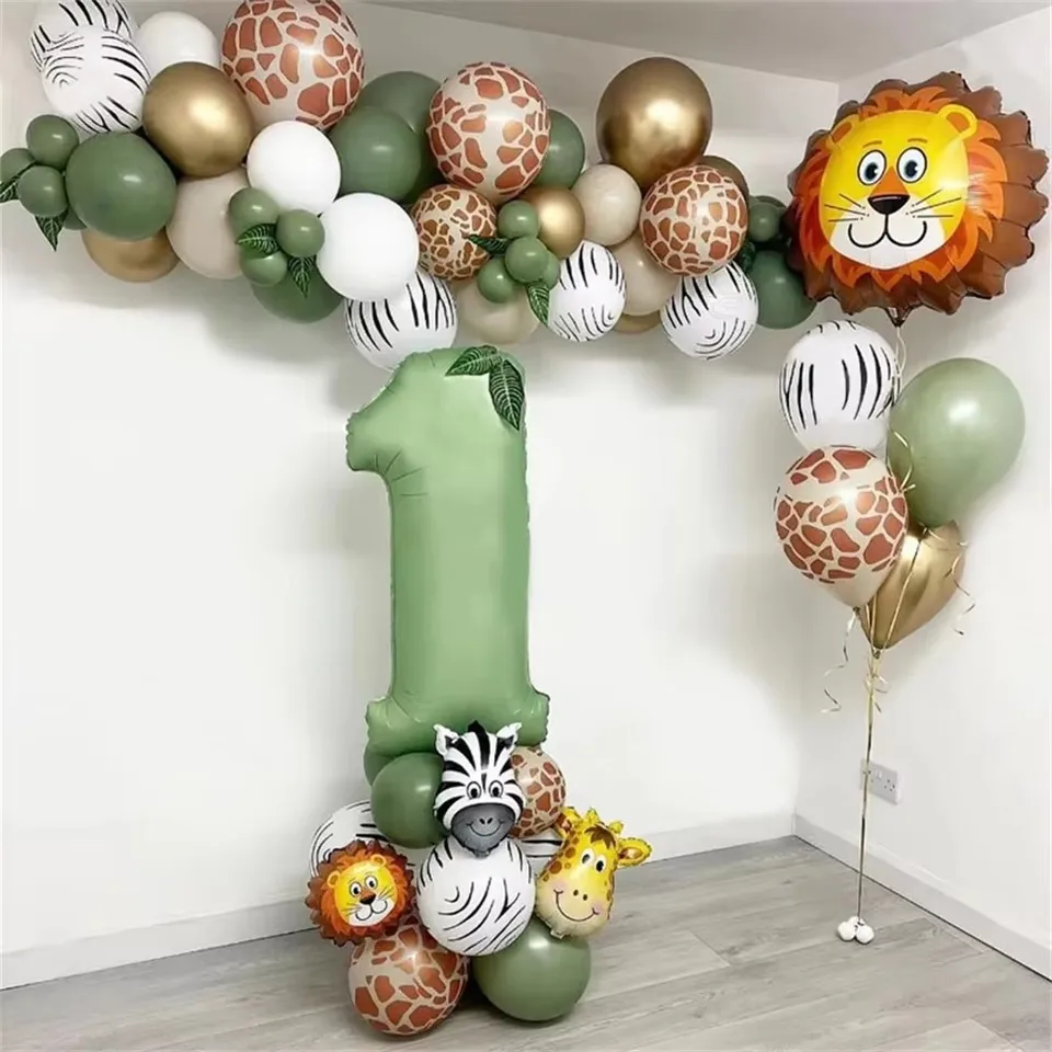 Jungle Animal Birthday Balóny Sage Green Number Balóny Arch Girland pre bábätko Divoký