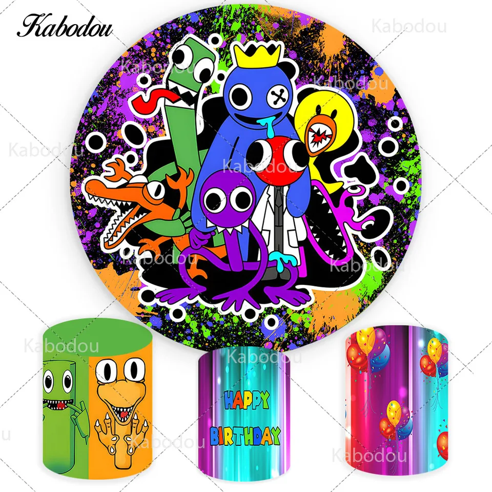 Kabodou Rainbow Friends Round pozadie Farebné obaly Narodeniny pre deti Karikatúra kruh Photo pozadia valc