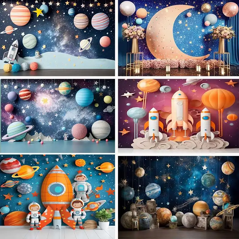 Kady 3D vesmírny galaxia Party pre deti narodeniny oslavujúca fotografia Cake Smash Navy Pozadie pre fotenie