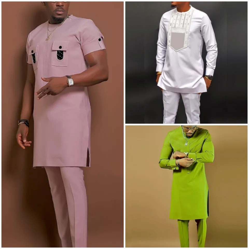 Kaftan letné pánske vrecká s krátkym rukávom Top nohavice Africký etnický štýl Príležitostné pán gentleman oblečenie muž 2pcs set outfit
