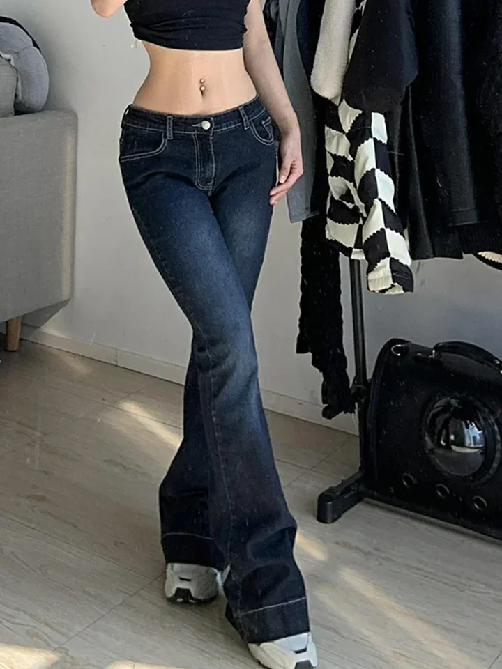 KALEVEST Y2K High Street s nízkym vzostupom džínsov modré dámske nohavice bootcut vrecká džínsy streetwear s nízkym pásom džínsy široké nohavice nohavice