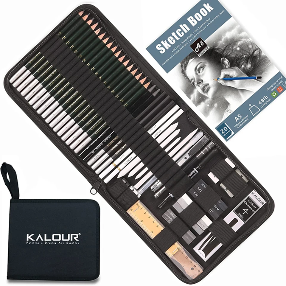 Kalour 54-pack skicová kreslenie ceruzky s náčrtmi, zahŕňajú grafitové, uhlie ceruzky a umelecké nástroje, profesionálne kreslenie