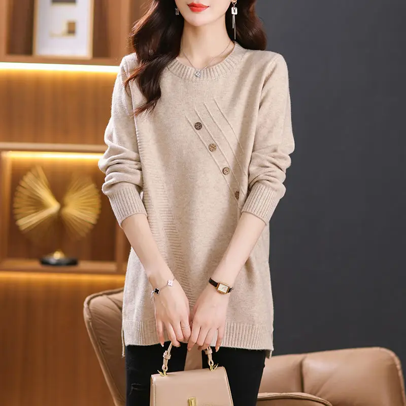 Kancelárska dámska skrutka vlákna okrúhla lampa s dlhým rukávom Solid Color Sweater Pletená pullover Dámske odevy vrcholov