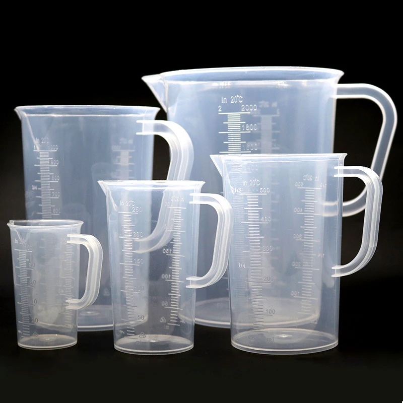 Kancelárske učebnice Science Laboratory Beaker Transparentné kuchynské plastové plastové meracie šálky Stupnica 100/250/500/1000/2000 ml