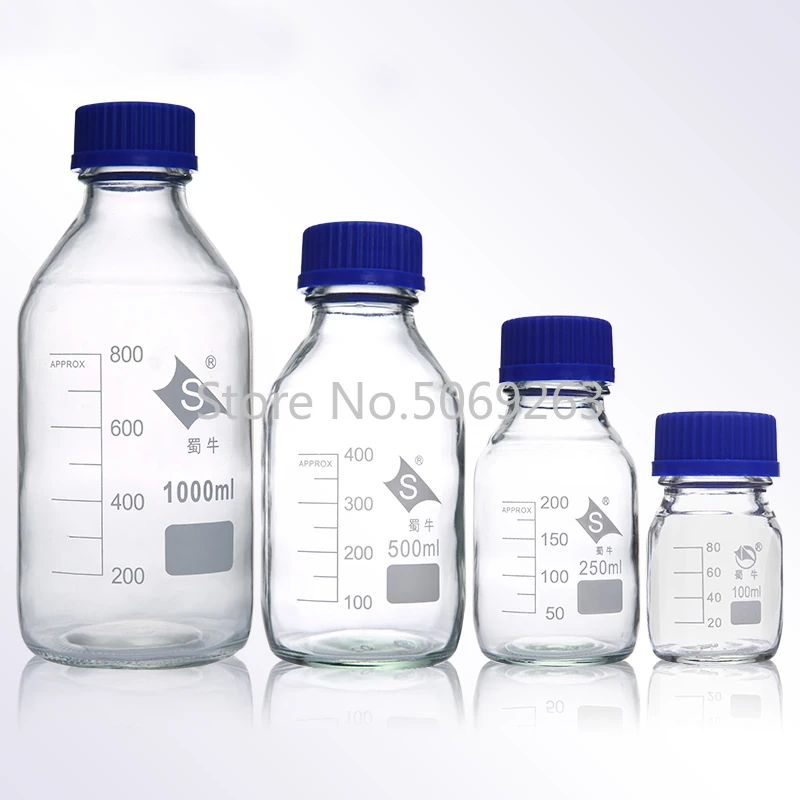 Kapacita 1ks 100/250/500/1000 ml sklenená fľaša na činidlo s modrou skrutkou Lekárske laboratórne chémie skla skla