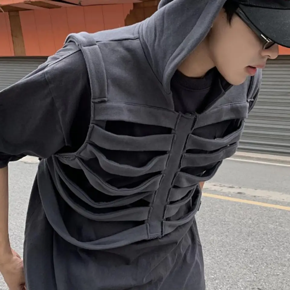 Kapucňa lebka Rib Vest Ženy Men retro americký hip-hop bez rukávov bez rukávov High Street inšpirovaný rukávovými vestami Streetwear