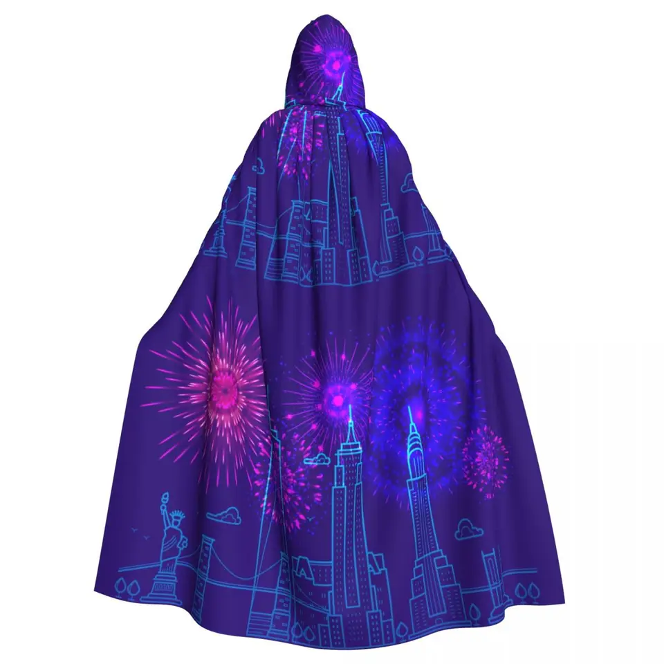 Kapucňa plášť unisex plášť s kapucňou ohňostrojom cez New York Cloak Vampire Witch Cape Cosplay kostým
