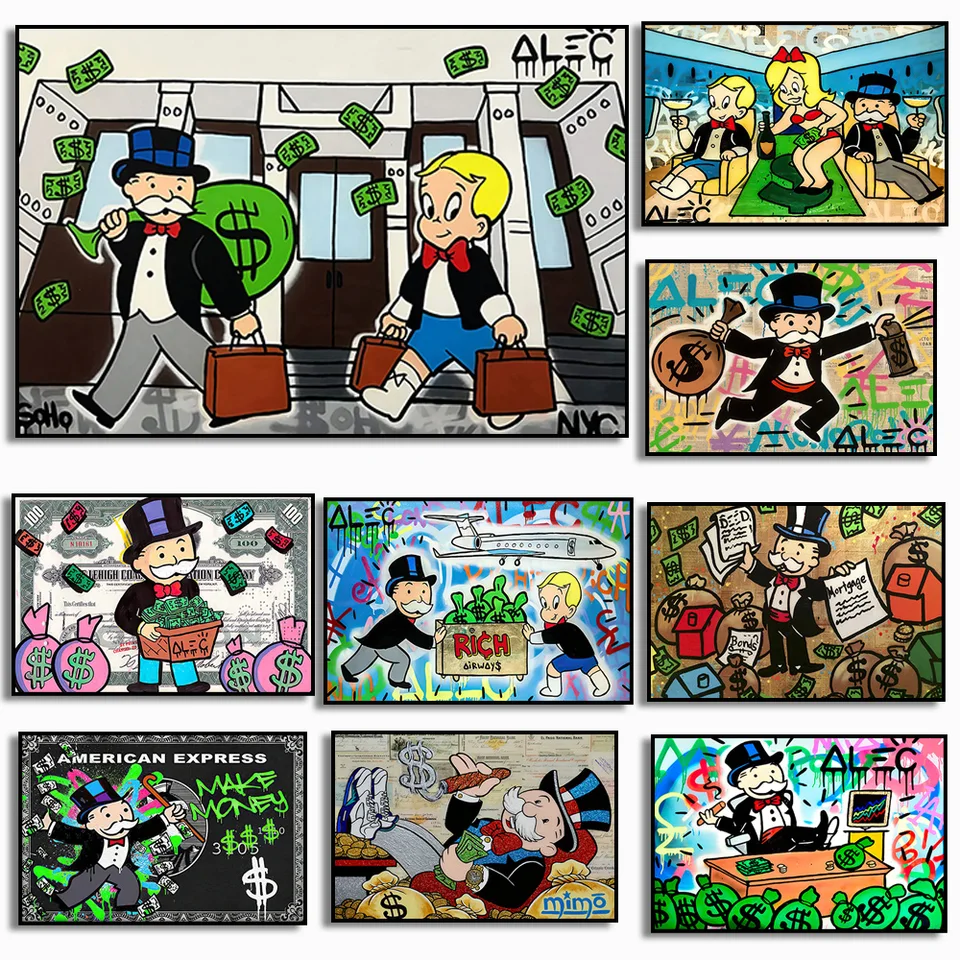 Karikatúra Alec Graffiti Monopoly milionár peniaze plagát maľba graffiti umenia abstraktné nástenné miesto