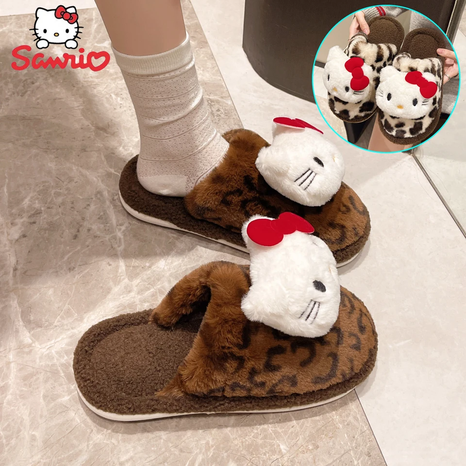 Karikatúra anime Hello Kitty Leopard Print mačiatko mačiatko Vysoko vyzerajúce retro baotou furry papuče dámske domáce vnútorné teplé bavlnené papuče