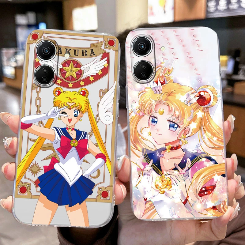 Karikatúra Anime Sailors Moons Rabbit Girls Cat Cat Puzdro pre Xiaomi Redmi 13C 13 12 Poco C65 M6 Priehľadný čistý silikónový kryt