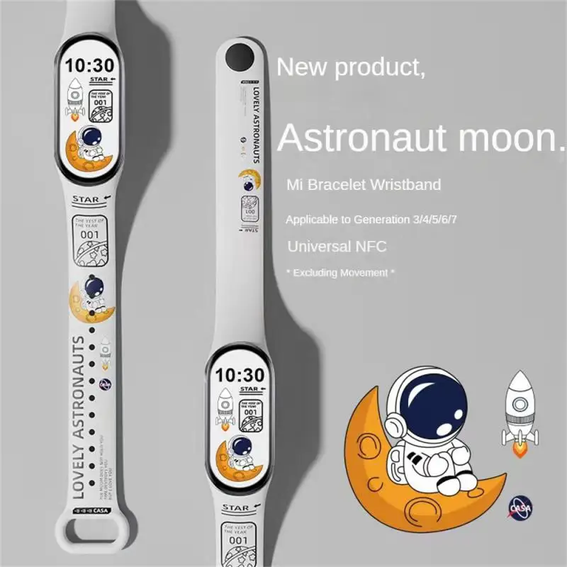 Karikatúra astronaut tlač TPU Soft Strap pre MI Band 5 6 7 pre Xiaomi zápästie NFC NFC náramok s náramkom na náramok
