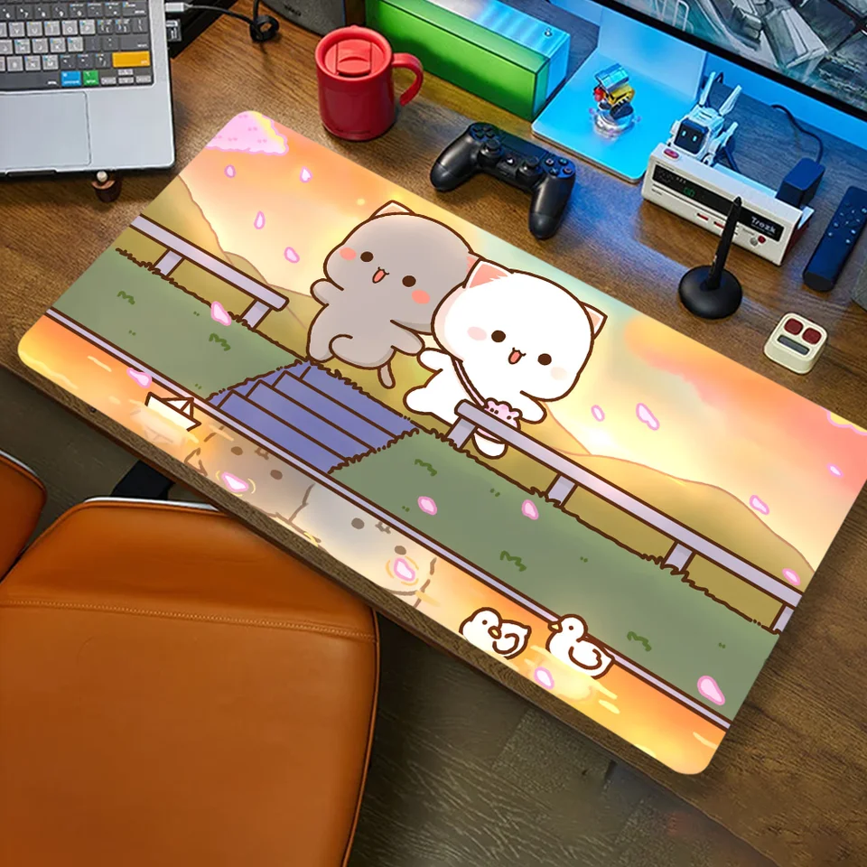 Karikatúra broskyňa Mochi Cat MousePad Computer Office Game Table Mats xxl gumový protišmykový herný herný klávesnicu dlhé stolové podložky