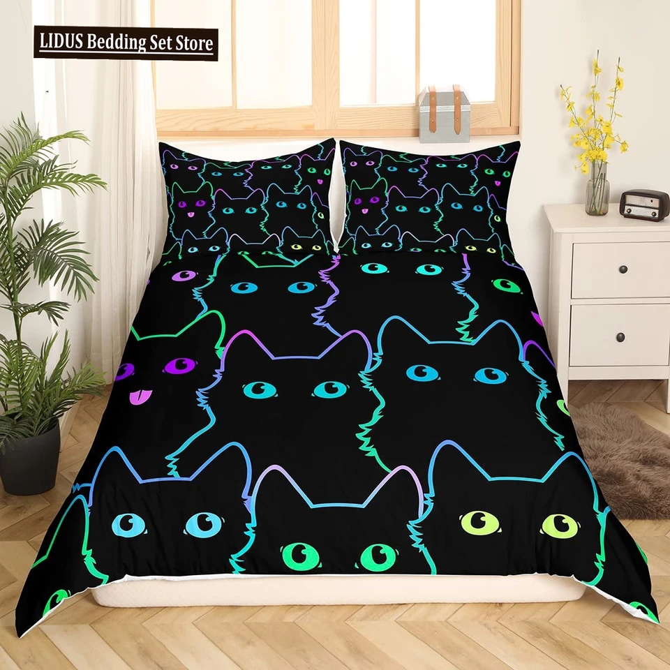 Karikatúra Cat Duvet Cover Set Pet Cat Cover Cover Cover Cute Kitten Neon Light Cat Bedding Set 3D Cat Lover's Bedspread Cover 2/3ks