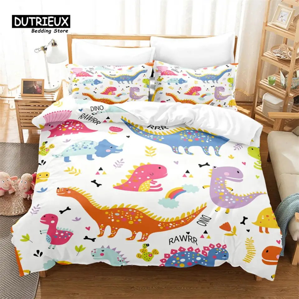 Karikatúra Dinosaur Bedwing Set, 3ks kupočná súprava, mäkká pohodlná priedušná obliečka na obliečka, pre dekoráciu izby pre hostí v spálni