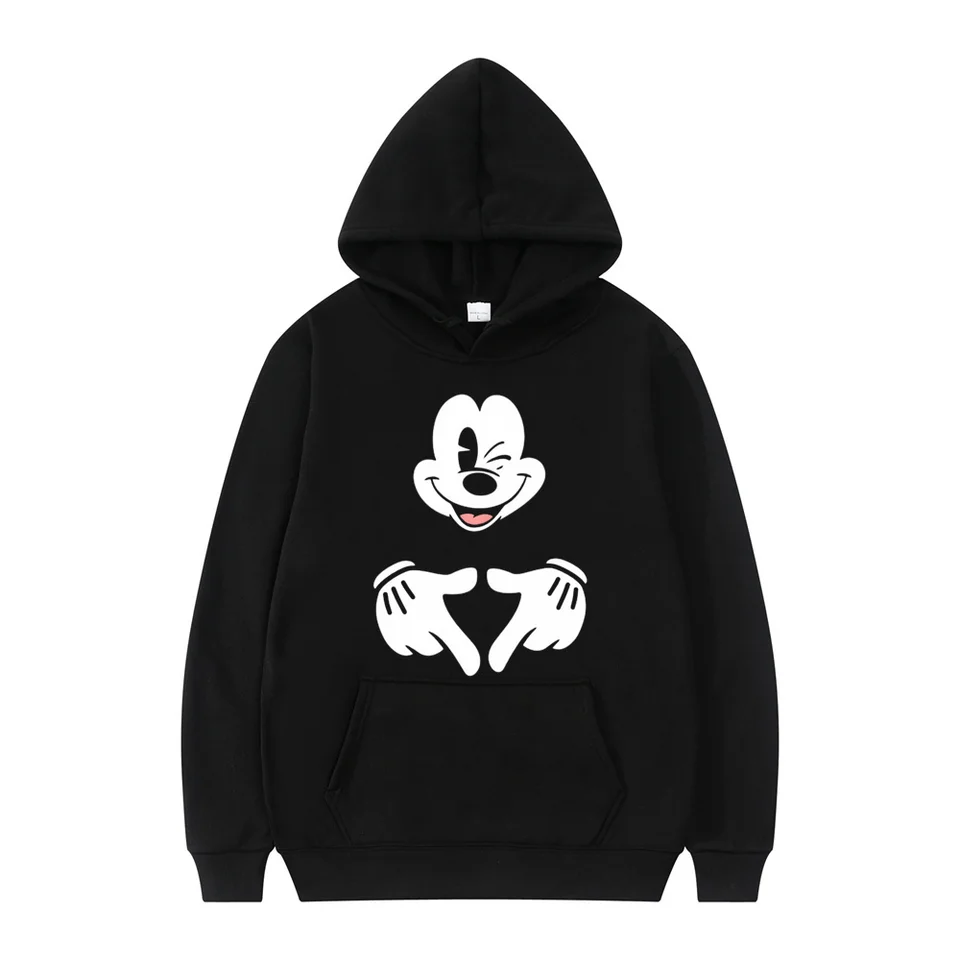 Karikatúra Disney Mickey Mouse Black pár kapucňu pre ženy 2024 Jeseň Nový voľný pullover kabát Coat Cast and Simple