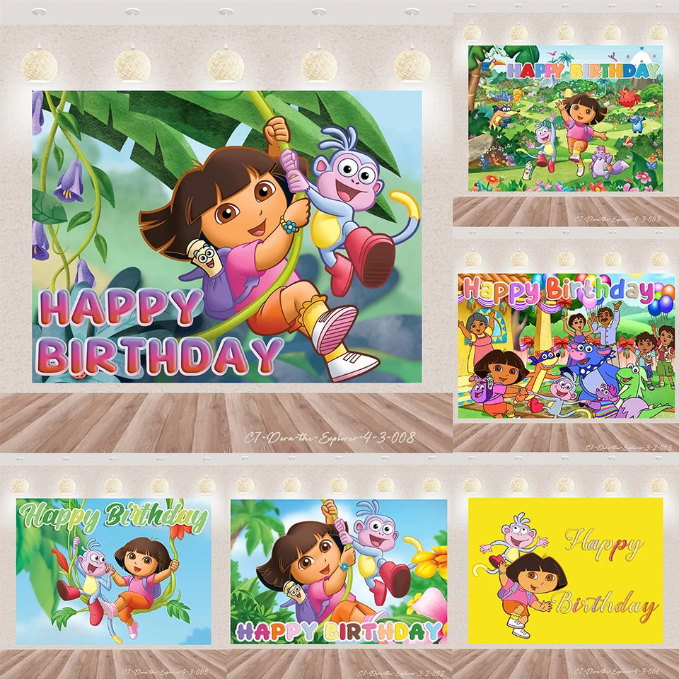 Karikatúra dora-the-explorer téma všetko najlepšie k narodeninám Vinyl pozadie bábätká Photography Pethes Decor Dodávky Photo plagát