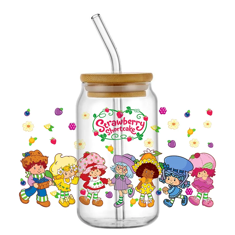 Karikatúra jahodové dievča 16oz uv dtf pohár zábaly prevody nálepky ovocné dievča DIY vodotesné logo pre libbey sklo plechovku