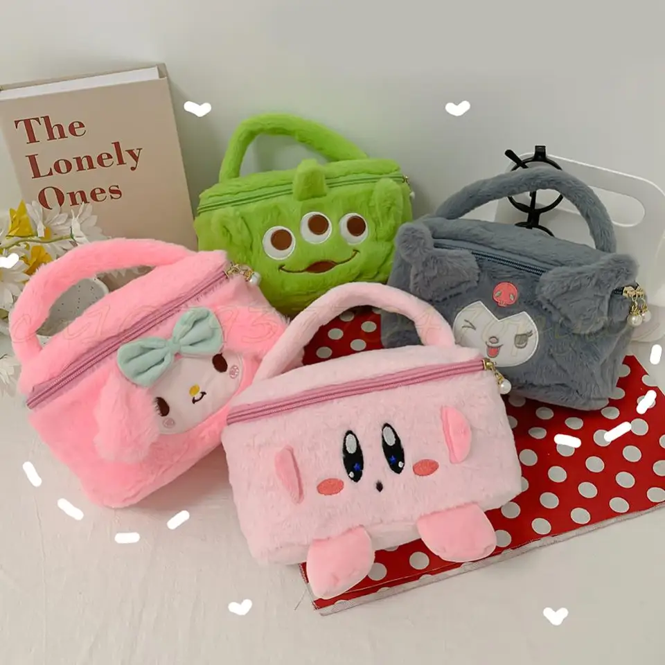Karikatúra japonský anime mäkký plyšový make -up vrecká krásne dizajn Fluffy Cosmetic Bag Prenosná cestovná zipsová chlpatá úložná kabelka