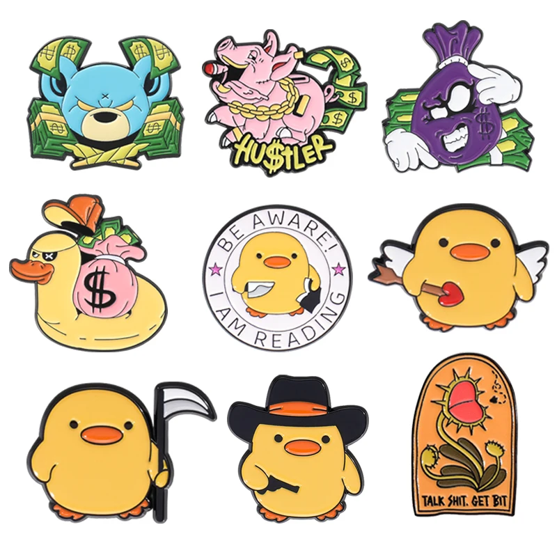 Karikatúra kačacie zvieracie špendlíky dolár Banknote Animal Brošes Funny klopa Badge Batoh Batoh módne doplnky darček pre priateľov