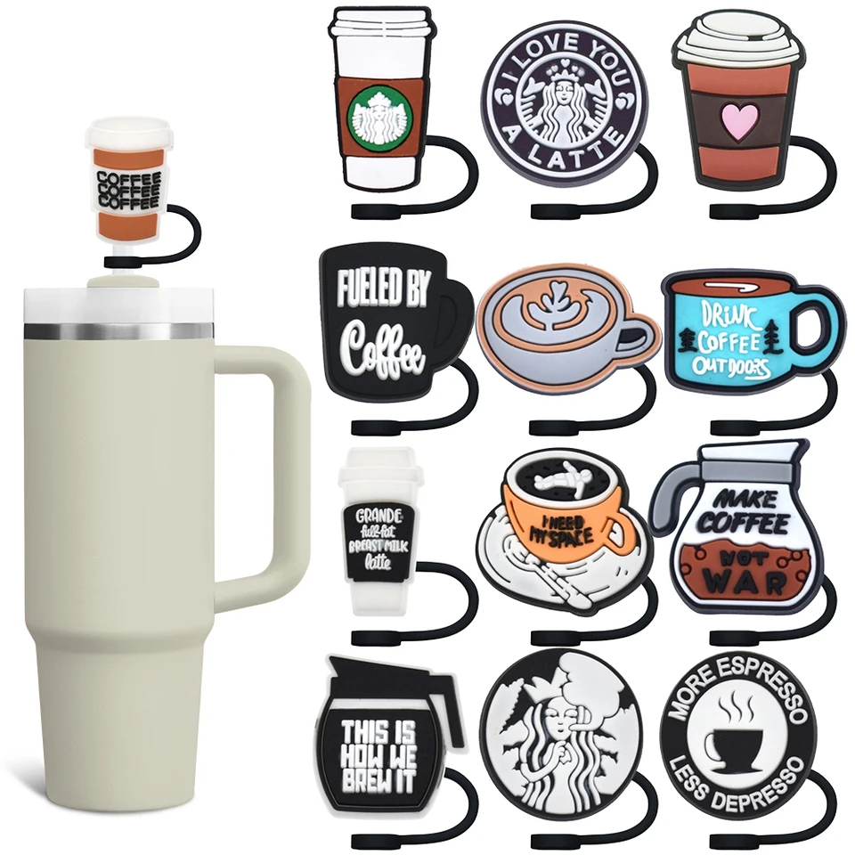 Karikatúra kávová slama kryt s 10 mm nápoj slama zástrčka Silikón opakovane použiteľný Splash Proof Drink Cup Slaw Cap Doplnky prívesok darček