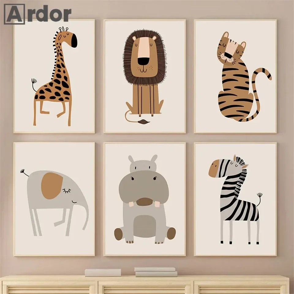 Karikatúra lev Tiger Giraffe Elephant Hippo Zebra Wall Art Canvas maľba maľba Safari zvieracie škôlky plagáty výtlačky detská izba dekor