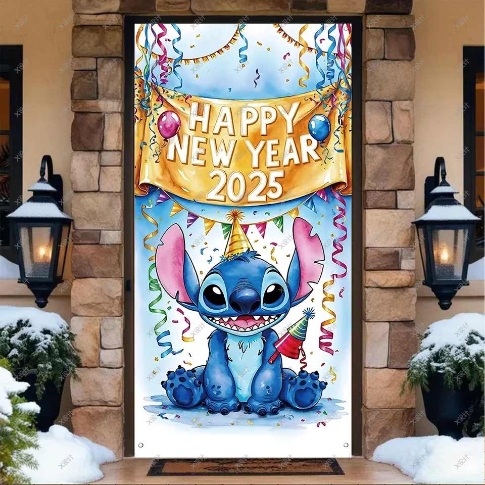 Karikatúra Lilo & Stitch Dvere Cover Decorácie 2025 Šťastný nový rok Znak Banner Vnútorná vonkajšia veranda Pozadie večierok Decor Supplies