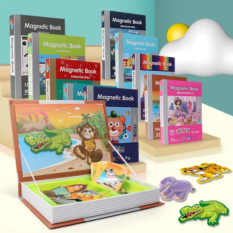 Karikatúra Magnetic Book Kids Toy Toy 3D Puzzle Jigsaw Mix a Match Game s boxom Montessori Advance Educational Toys Childern Gift