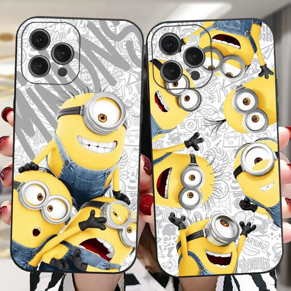 Karikatúra Minions banánový telefón pre iPhone 16 15 14 13 Pro Max 11 12 Mini x XS XR SE 2022 Čierny silikónový kryt