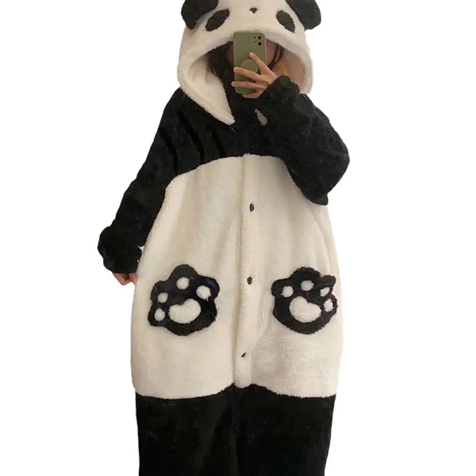 Karikatúra Panda Cosplay Nightdress Dámsky župan zimný flanel Teplé rukávy s dlhým rukávom hrubé plus nočné košele nočné oblečenie