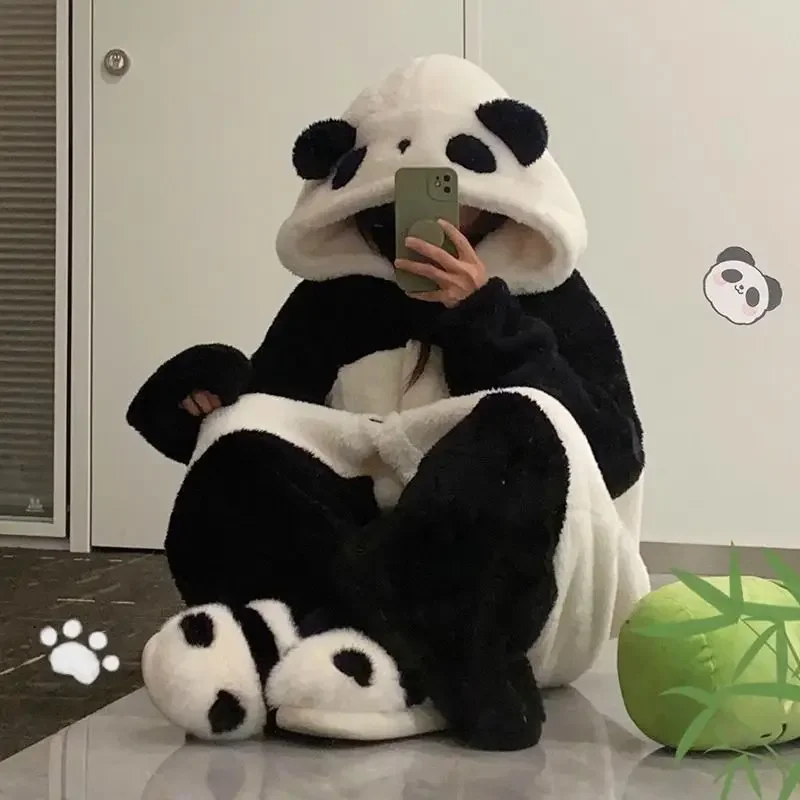 Karikatúra Panda Long Rúch kombinézy pyžama zimné ženy zahusťované koralové fleece domáce oblečenie Kigurumi Cosplay Party kostým salóniky