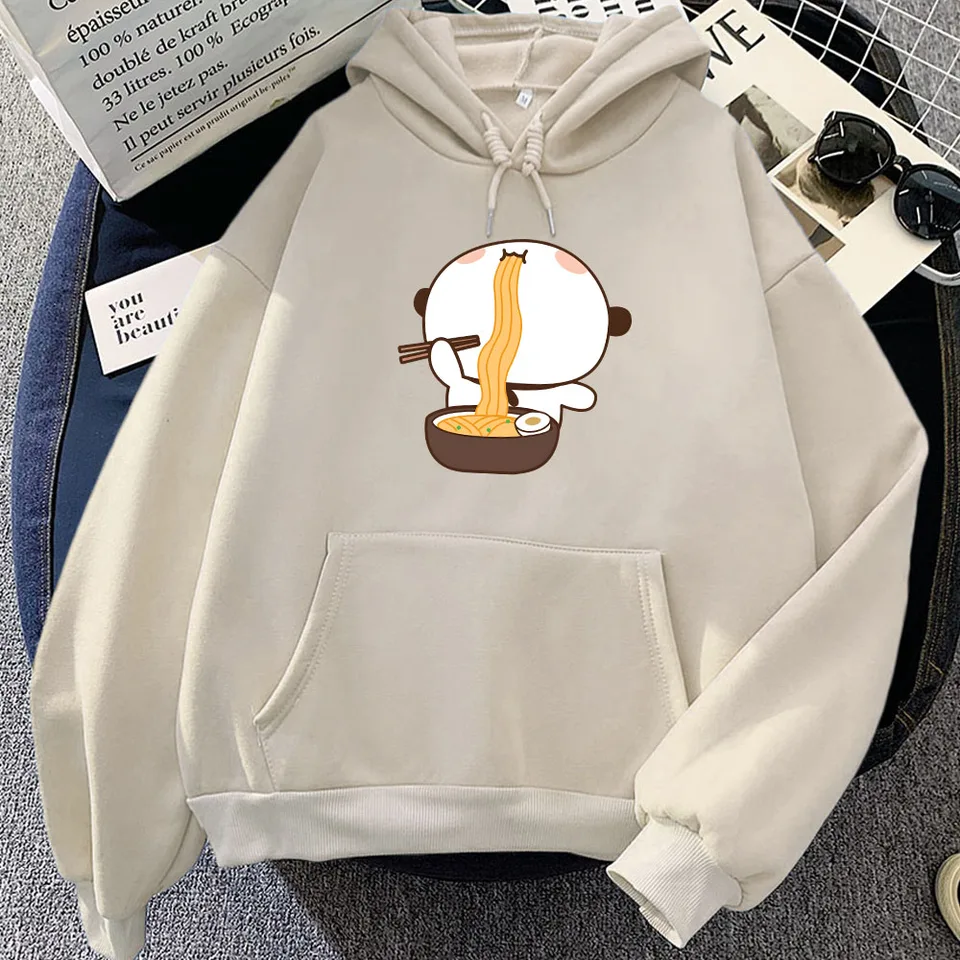 Karikatúra panda medveď Bubu dudu tlačiarenské mikiny jesť ramen grafické mikiny s dlhým rukávom Ženy Zimné fleece pullovs kawaii
