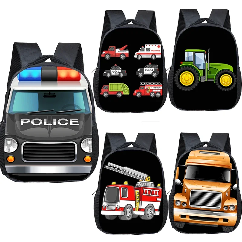 Karikatúra policajný automobil Hasičský motor Excavator tlač batoh pre deti Krášné školy vrecká na batoľatá plienky