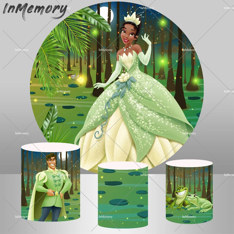 Karikatúra princezná Tiana Round Circle Coverdrop Cover For Girl Birthday Party Decor Prince a Frog valcový podstavcový kryt Banner