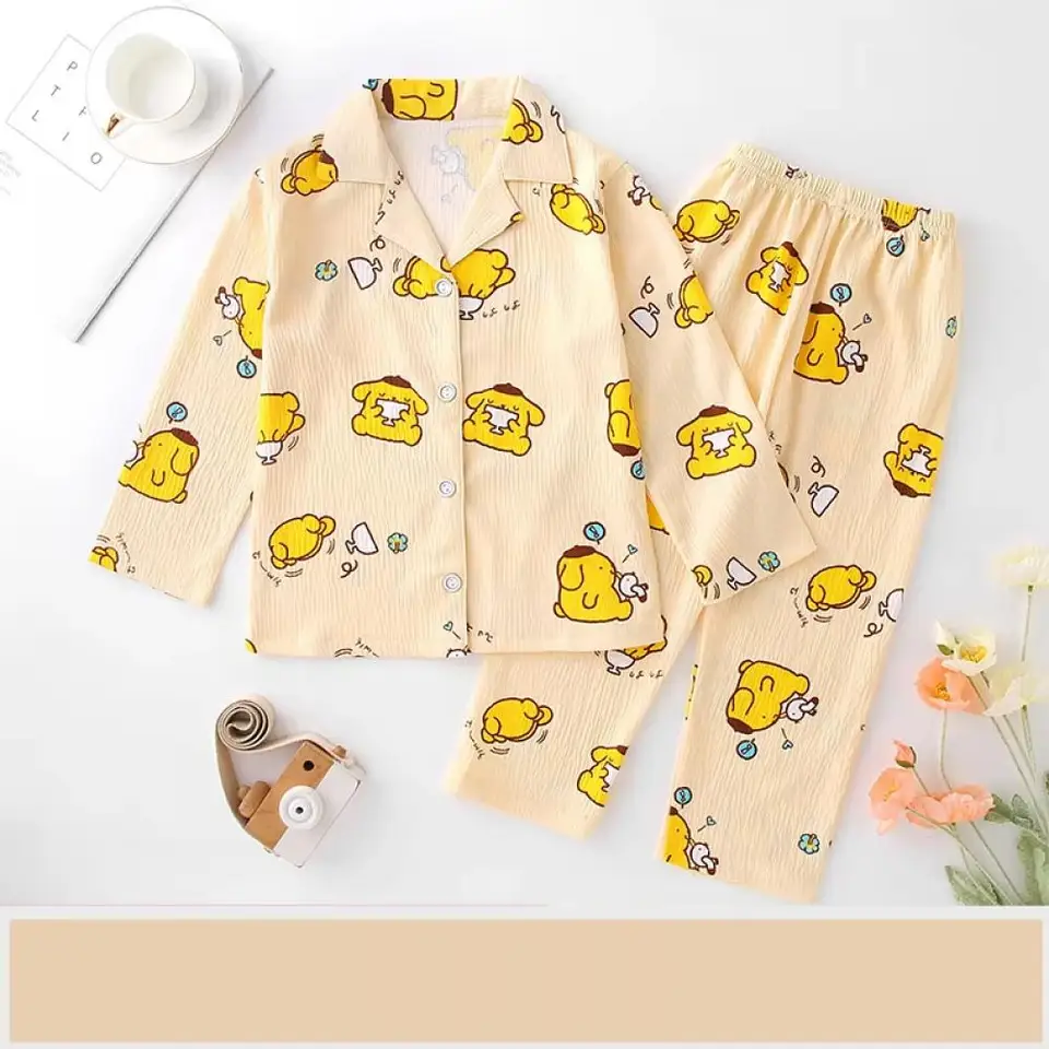 Karikatúra Sanrio Children pyžama set voľný flip golier Cardigan roztomilý výtlačok nočná košeľu oblek kawaii kauzálne pohodlné pyžamy
