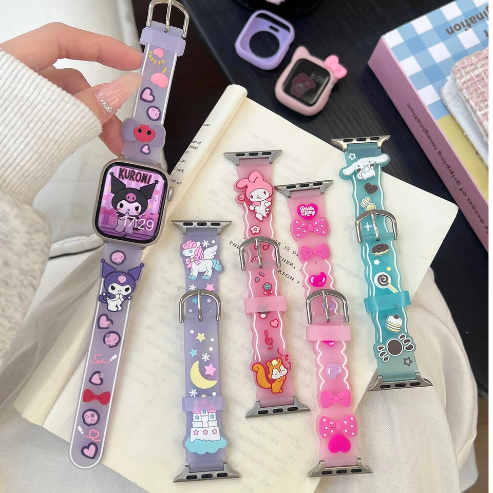 Karikatúra Sanrio Hello Kitty Apple hodinky hodinky roztomilý Cinnamoroll Kuromi Melody 38 40 42 mm jablkový silikónový remienok Dievčatá darčeky