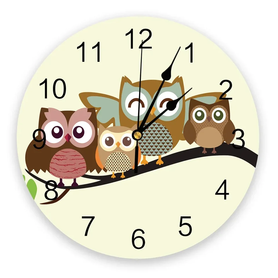 Karikatúra sov vták Bird Trunk Round Wall Clock Acryl zavesenie tichého času