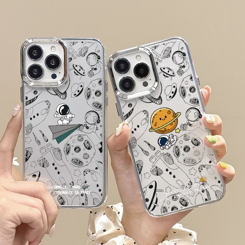 Karikatúra Spaceman Plating TPU puzdro pre iPhone 15 16 14 Pro Max Plus 13 12 Pro 11 Pro ochrana šošoviek Elektroplatný rámový kryt
