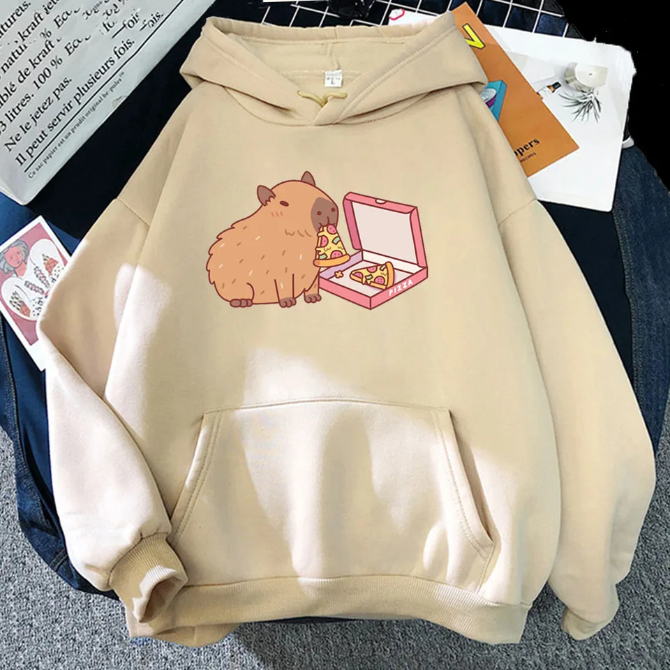 Karikatúra tlač harajuku kawaii mikina Anime tlat roztomilý kapybara jesť mikinu pizzu Funko pop fleece oblečenie retro pullovs